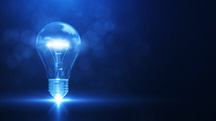 Creativity and new ideas. There is a light bulb on the left with bright white light. against a dark blue background.