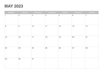 calendar may 2023, start monday - obrazy, fototapety, plakaty