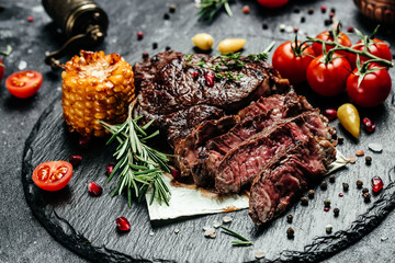 Sliced grilled meat steak Rib eye medium rare. Food recipe background. Close up