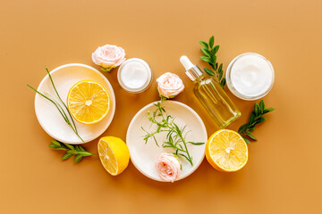 Herbal cosmetic products with citrus and flowers. Organic cosmetic ingredients