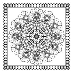 Mehndi flower for henna, mehndi, tattoo, decoration. Decorative ornament in ethnic oriental style, doodle ornament, outline hand draw. Coloring book page.