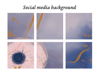 Plantillas de diseño para publicaciones en redes sociales de motivos florales de acuarela en tonos azules, con toques dorados, con espacio para texto e imágenes - obrazy, fototapety, plakaty