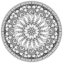 Mehndi flower for henna, mehndi, tattoo, decoration. Decorative ornament in ethnic oriental style, doodle ornament, outline hand draw. Coloring book page.