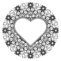 Mehndi flower with frame in shape of heart. decoration in ethnic oriental, doodle ornament.