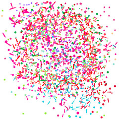Colored circle pattern with geometric elements on white. Holiday background with confetti. Texture from glitters. Festive frame. Print for banners, posters, t-shirts and textiles. Greeting cards