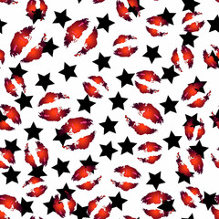 Glamorous pattern with lips and black stars on a white background