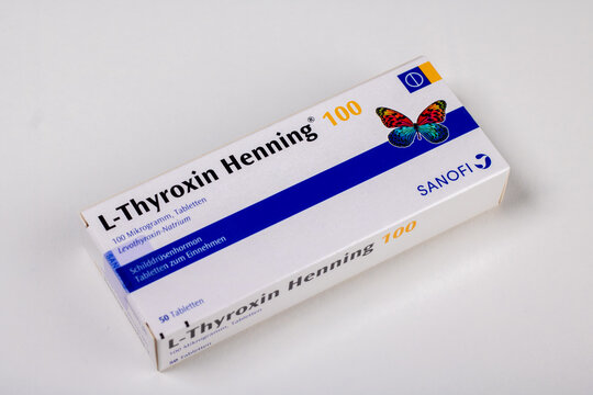Neckargemuend, Germany: October 06, 2021: Packaging of the prescription drug L-Thyroxin Henning, a Levothyroxine preparation is a manufactured form of the thyroid hormone thyroxine in the dosage 100mg
