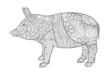 Pig on white. Zen art. Zentangle. Hand drawn animal with intricate patterns on isolated background. Design for spiritual relaxation for adults. Black and white illustration for coloring. Print