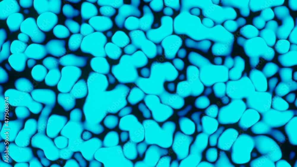 Poster Background with moving 3d spots on black backdrop. Design. Lot of colored three-dimensional spots moving in stream on black background. Transition from moving dense spots