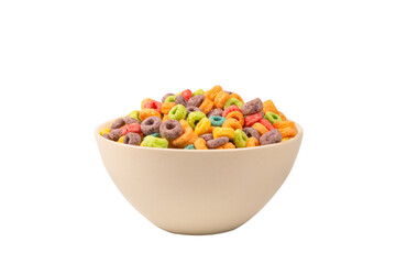 Colorful rings cereal spill out into a bowl. Breakfast. Isolated.
