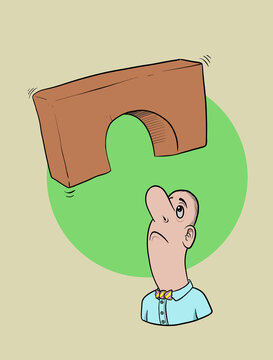 A man seeing a floating stone bridge block over his head. Vector Illustration.