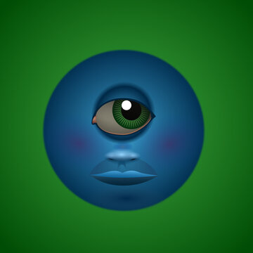 A blue cyclops ball over a green background. Digital Illustration.