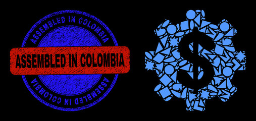 Vector mosaic financial settings icon, and bicolor Assembled in Colombia dirty seal imitation. Abstract mosaic of financial settings composed of spheric, triangle, square geometric spots.