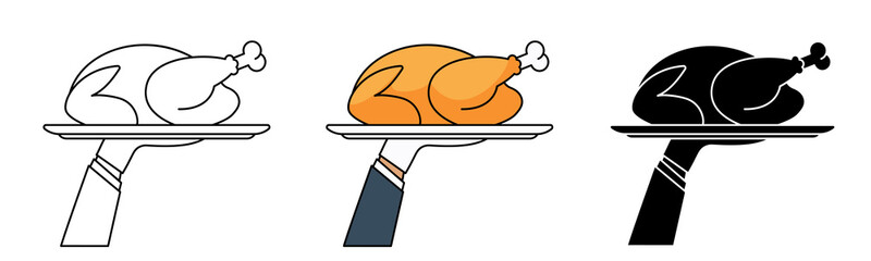 Simple icons of waiter hand holding empty serving plate with baked bird. Roast turkey or chicken on platter for traditional holiday dinner. Outline, colorful and glyph vector flat illustration