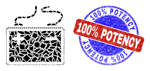 Vector mosaic accumulator battery icon, and bicolor 100% Potency unclean stamp seal. Abstract mosaic of accumulator battery done of sphere, triangle, square geometric items.