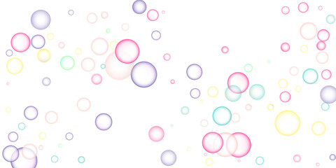 Soapy bright multicolored bubbles fly randomly on a white background. Vector illustration