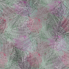 Seamless botanical pattern. Doghouses of leaves on a gray background.