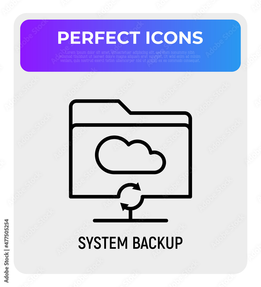 Poster system backup in cloud service thin line icon. modern vector illustration.
