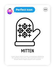 Mitten with ornament thin line icon. Modern vector illustration.