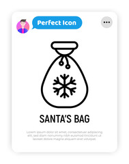 Santa's bag with snowflake thin line icon. Modern vector illustration.