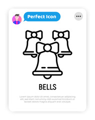 Bells with bows thin line icon. Modern vector illustration of Christmas decoration.