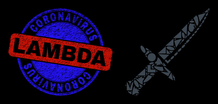 Vector mosaic knife blade icon, and bicolor Coronavirus Lambda unclean stamp. Abstract collage of knife blade made of round, triangle, square geometric spots.