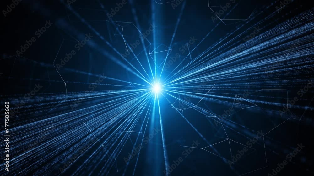 Poster artistic optical fibers animation with computer data travel on dark blue background.