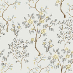 Vintage garden tree floral seamless pattern light background. Botanical chinoiserie wallpaper. - 477505691