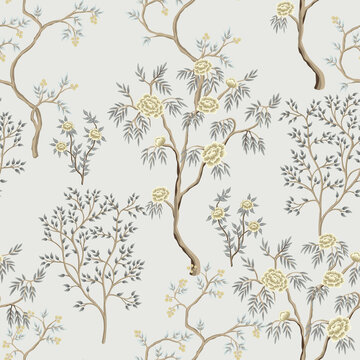 Vintage garden tree floral seamless pattern light background. Botanical chinoiserie wallpaper.