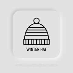 Winter striped hat with pompon thin line icon. Modern vector illustration.