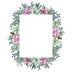 Hand painted rectangle pastel fir and poinsettia border, Christmas Greenery, Watercolor pink poinsettia Frame, Floral evergreen illustration, Winter floral frame isolated on white, For wedding, design