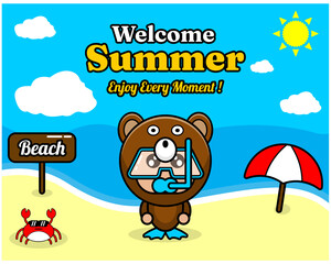 summer beach and sand background design with text enjoy every moment and summer element board that says beach, crab and umbrella, in bear animal mascot costume wearing a senorkel