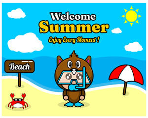 summer beach and sand background design with text enjoy every moment and summer element board that says beach, crab and umbrella, in beaver animal mascot costume wearing senorkel