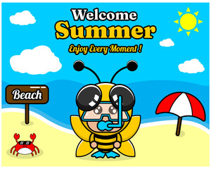 summer beach and sand background design with text enjoy every moment and summer element board that says beach, crab and umbrella, with bee animal mascot costume wearing a senorkel