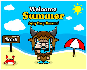 summer beach and sand background design with text enjoy every moment and summer element board that says beach, crab and umbrella, with bison animal mascot costume wearing a senorkel