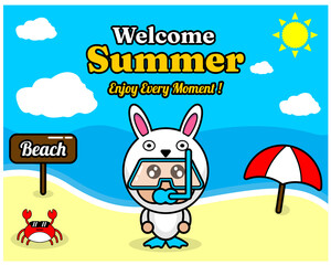summer beach and sand background design with text enjoy every moment and summer element board that says beach, crab and umbrella, with bunny animal mascot costume wearing senorkel