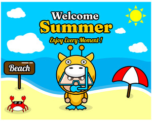 summer beach and sand background design with text enjoy every moment and summer element board that says beach, crab and umbrella, giraffe animal mascot costume wearing senorkel