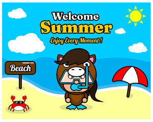 summer beach and sand background design with text enjoy every moment and summer element board that says beach, crab and umbrella, in horse animal mascot costume wearing a senorkel