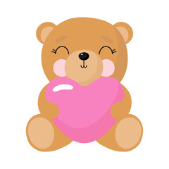 Little Funny Teddy Bear Cartoon with Red Heart. The concept of Valentine's Day. Vector illustration on a white background.