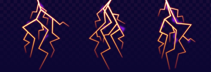 Realistic lightning vector set. Thunder bolt, storm lightning. Isolated bright light Thunder storms effects elements on background. Vector Illustration.