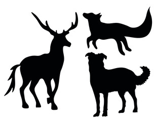 Vector printable black and white silhouette pack: hand drawn deer, fox and dog