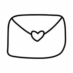 Hand drawn doodle icon with love letter and heart for Valentine s day. linear black outline vector illustration on white background