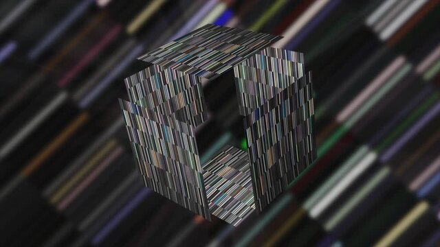 Glowing virtual box. Motion. Empty prize box is revealed in cyberspace. Glowing cube opens in colorful game space