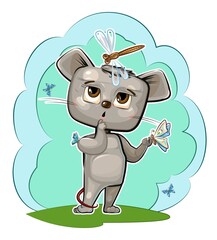 Baby Mouse loves butterflies. Characters of child stand. Funny dragonfly. A young animal. Cute cartoon style. Comic design. Clipart illustration is isolated on white background. Vector