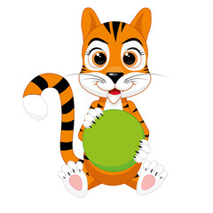 Fototapeta na wymiar new year illustration, cute tiger with a green ball in its paws, cartoon, 2022