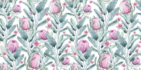 watercolor seamless pattern. floral background tropical blooming flowers and leaves. Plants and flowers of Australia. for fabric, textile, roll wallpaper, design, cards, invitations, stickers, wedding
