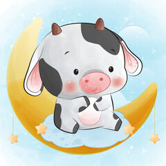 Cute cow sitting on a moon and stars with clouds