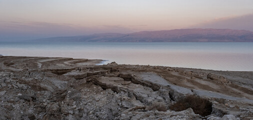 North-eastbound view of the Dead Sea and ancient Moab Mountain range (today in Jordan) at sunset hours, as seen from Ein Gedi  Youth Hostel,  Kibbutz Ein Gedi, Israel