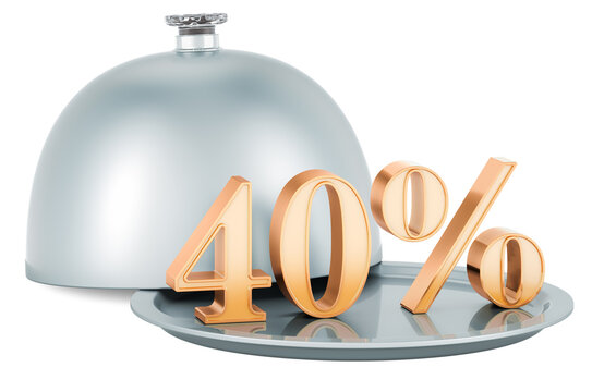 Restaurant cloche with golden 40 percent, sale and discount concept, 3D rendering