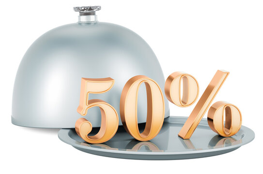 Restaurant cloche with golden 50 percent, sale and discount concept, 3D rendering